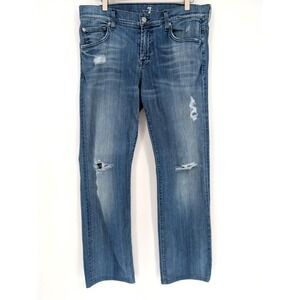 7 for all Mankind Mens Carsen‎ Straight Leg Mid Rise Distressed Medium Wash Jean